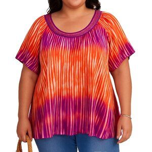 Catherines Womens 2X Sheer Blouse Multicolor Striped Pleated Slit Sleeve Boho